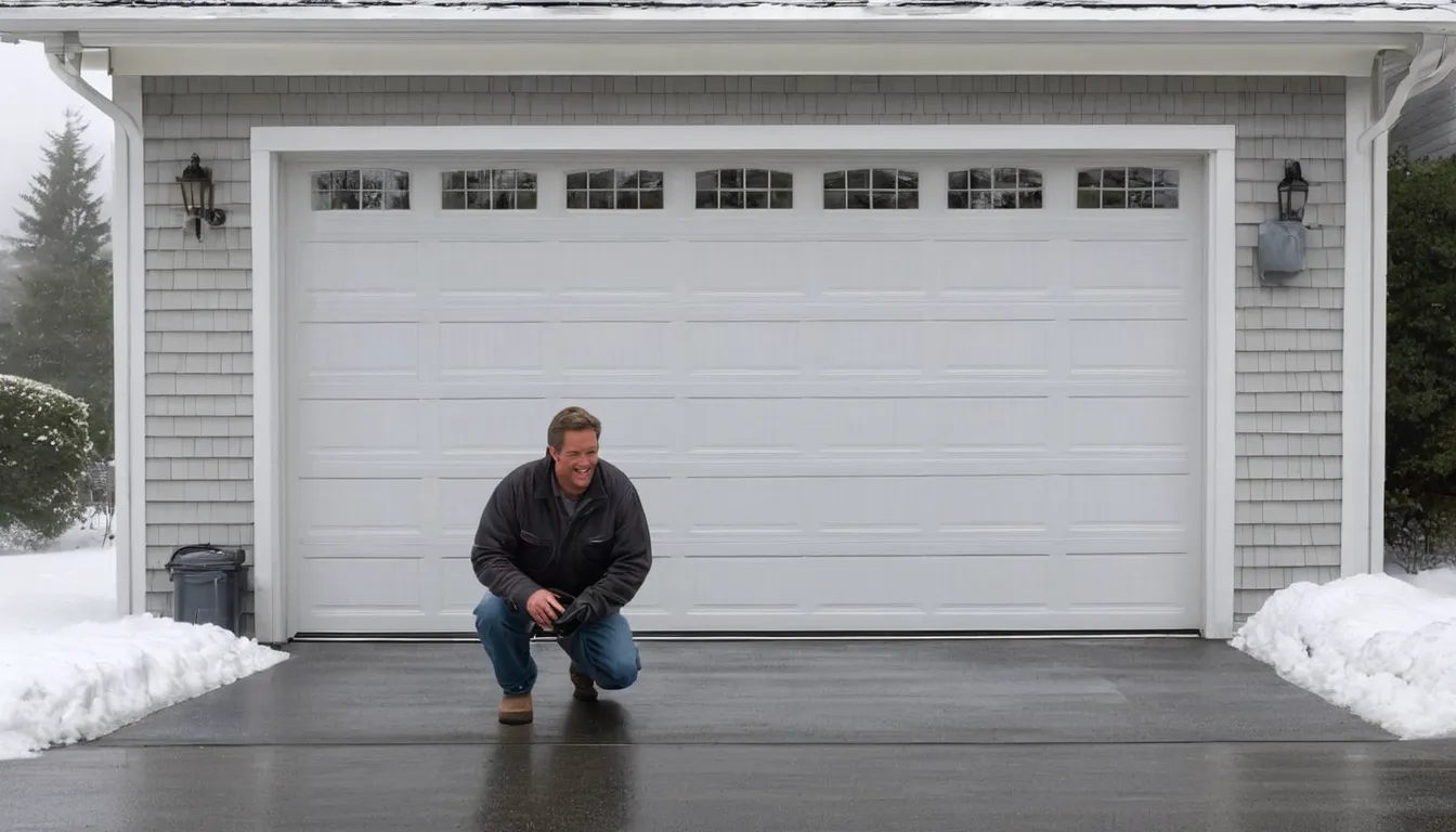 A friendly local garage door provider inspecting the tracks of a residential garage door in Princeton while a homeowner looks on